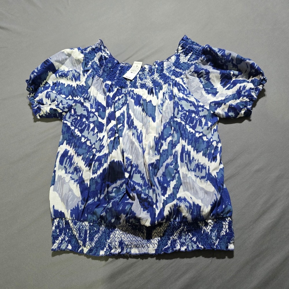 new Ashley Stewart Blouse Women 14/16 Blue Abstract Smocked Puff Sleeve Sodalite